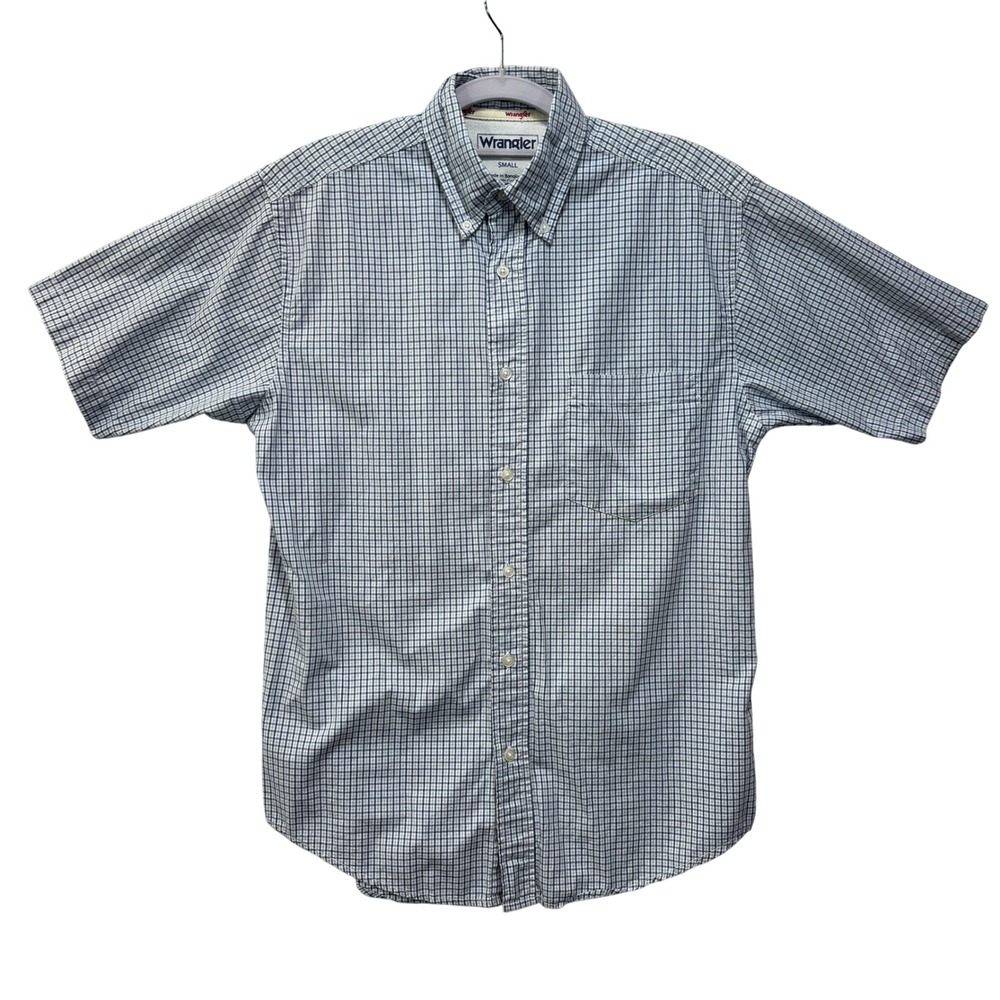 Wrangler Button Down Shirt Mens Small Blue Plaid Short Sleeve Cotton